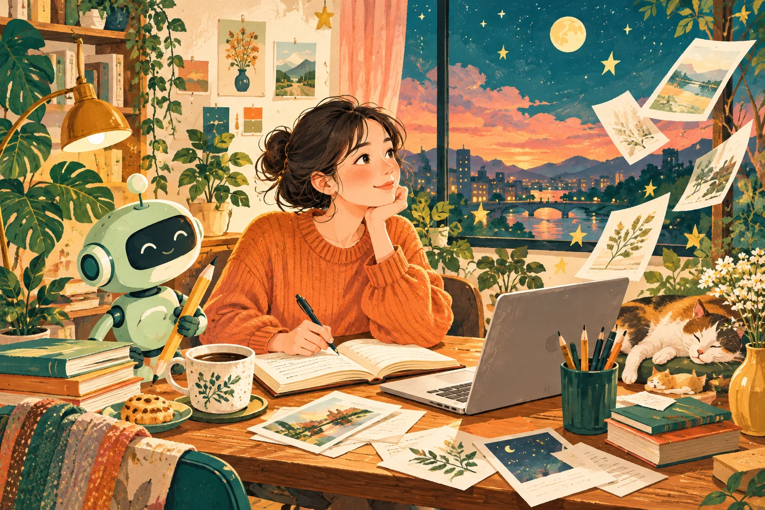 仕事終わりの机で、ノートパソコンと小さなロボットを囲んで文章を書く人のイラスト